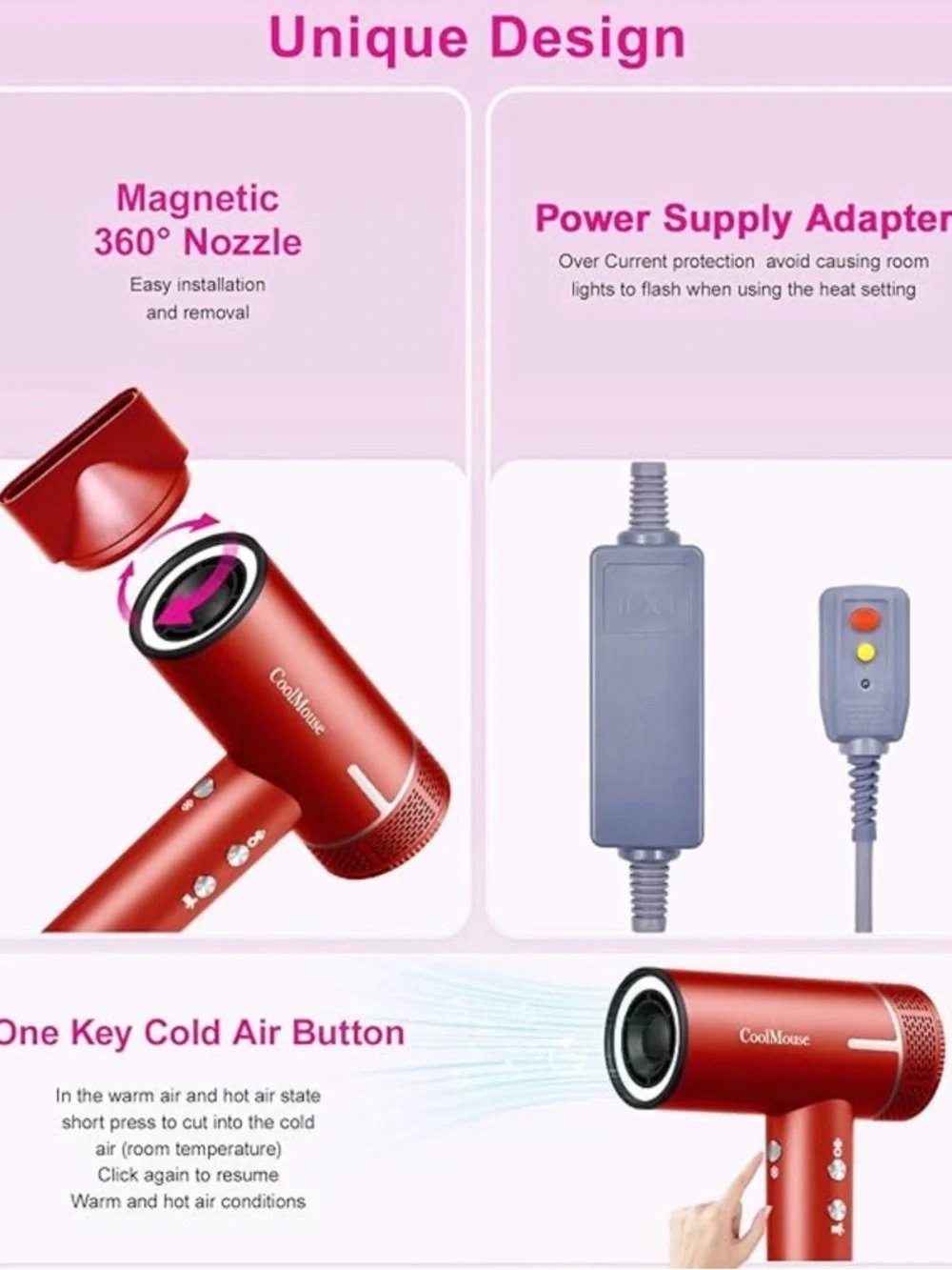 Red high speed, ionic hairdryer, fast drying low noise, compact #VA4